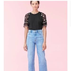 Rebecca Taylor Black and White Dot-Embroidered Jersey Short-Sleeve Shirt